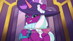 Size: 3072x1727 | Tagged: safe, screencap, opaline arcana, alicorn, pony, g5, my little pony: tell your tale, opaline alone, spoiler:g5, spoiler:my little pony: tell your tale, spoiler:tyts01e50, female, grin, hat, indonesian, mare, opaline (song), smiling, solo, subtitles