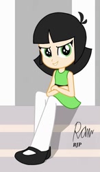 Size: 632x1080 | Tagged: safe, artist:rjp.rammy, part of a set, scootaloo, human, equestria girls, g4, my little pony equestria girls: friendship games, buttercup (powerpuff girls), canterlot high, clothes, crossed arms, cute, cute smile, equestria girls-ified, female, looking at you, mullet, powerpuff girls 2016, signature, sitting, smiling, smiling at you, smirk, solo, stairs, the powerpuff girls