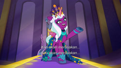 Size: 3072x1727 | Tagged: safe, screencap, opaline arcana, alicorn, pony, g5, my little pony: tell your tale, opaline alone, spoiler:g5, spoiler:my little pony: tell your tale, spoiler:tyts01e50, arrogant, female, indonesian, mare, opaline (song), open mouth, open smile, ruff (clothing), sin of pride, smiling, solo, subtitles