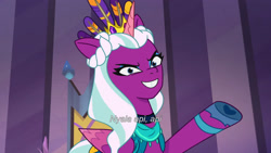 Size: 3072x1727 | Tagged: safe, screencap, opaline arcana, alicorn, pony, g5, my little pony: tell your tale, opaline alone, spoiler:g5, spoiler:my little pony: tell your tale, spoiler:tyts01e50, arrogant, female, grin, indonesian, mare, opaline (song), ruff (clothing), sin of pride, smiling, solo, subtitles