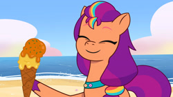 Size: 3072x1727 | Tagged: safe, screencap, sunny starscout, earth pony, pony, g5, my little pony: tell your tale, opaline alone, spoiler:g5, spoiler:my little pony: tell your tale, spoiler:tyts01e50, beach, cute, eyes closed, female, fluttershy's cutie mark, food, hoof hold, hooves, ice cream, ice cream cone, magnetic hooves, mane stripe sunny, mare, ocean, smiling, solo, sunnybetes, twilight sparkle's cutie mark, water