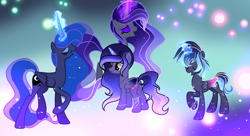 Size: 3726x2033 | Tagged: safe, artist:harmonyvitality-yt, princess luna, oc, alicorn, pony, g4, abstract background, alicorn oc, base used, ethereal mane, eyelashes, female, glowing, glowing horn, high res, horn, mare, raised hoof, starry mane, wings