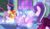 Size: 2500x1440 | Tagged: safe, artist:harmonyvitality-yt, starlight glimmer, sunset shimmer, twilight sparkle, oc, oc:harmony vitality, alicorn, pony, g4, alicorn oc, base used, chalkboard, clothes, eyelashes, female, hoof shoes, horn, implied tail hole, indoors, mare, offspring, older, older starlight glimmer, older twilight, older twilight sparkle (alicorn), parent:flash sentry, parent:twilight sparkle, parents:flashlight, princess twilight 2.0, tail, twilight sparkle (alicorn), wings