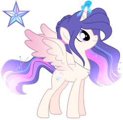 Size: 1800x1767 | Tagged: safe, artist:harmonyvitality-yt, oc, oc only, alicorn, pony, g4, alicorn oc, base used, eyelashes, female, glowing, glowing horn, horn, jewelry, mare, necklace, offspring, parent:flash sentry, parent:twilight sparkle, parents:flashlight, simple background, smiling, solo, transparent background, wings