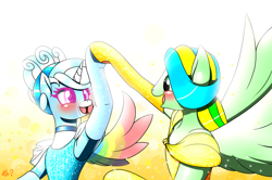 Size: 2289x1520 | Tagged: safe, artist:questionmarkdragon, oc, oc only, pegasus, unicorn, semi-anthro, abstract background, arm hooves, belle, blushing, choker, cinderella, clothes, crossdressing, dancing, dress, duo, evening gloves, eyelashes, female, gloves, horn, long gloves, makeup, male, pegasus oc, smiling, unicorn oc
