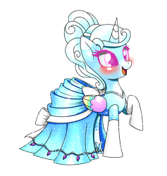 Size: 1637x1730 | Tagged: safe, artist:questionmarkdragon, oc, oc only, oc:jemimasparkle, alicorn, pony, alicorn oc, blushing, cinderella, cindershy, clothes, dress, evening gloves, female, gloves, horn, long gloves, makeup, mare, raised hoof, simple background, smiling, solo, transparent background, wings