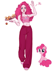 Size: 2304x3072 | Tagged: safe, artist:spiritname, pinkie pie, earth pony, human, pony, g4, belly button, clothes, cutie mark on clothes, duo, high res, humanized, midriff, pants, simple background, tray, waving, white background