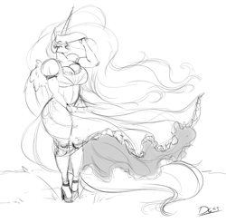 Size: 1048x1032 | Tagged: safe, artist:thelunarmoon, princess celestia, alicorn, anthro, unguligrade anthro, big breasts, black and white, breasts, busty princess celestia, cleavage, clothes, dress, eyebrows, eyebrows visible through hair, female, grayscale, lidded eyes, mare, monochrome, simple background, sketch, solo, sundress, white background, windswept mane