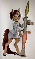 Size: 1224x2048 | Tagged: safe, artist:malamewart, earth pony, pony, blouse, bracelet, businessmare, clothes, glasses, jewelry, miniskirt, radio ear piece, resident evil, resident evil 5, rocket launcher, rpg-7, sheva alomar, skirt, smiling, standing on two hooves, traditional art, weapon