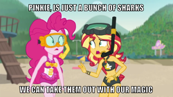 Size: 1066x600 | Tagged: safe, edit, edited screencap, editor:twi clown, screencap, pinkie pie, sunset shimmer, human, equestria girls, g4, my little pony equestria girls: better together, unsolved selfie mysteries, beach, belly button, bikini, caption, clothes, female, image macro, meme, one-piece swimsuit, pinkie pie swimsuit, summer sunset, sunset shimmer swimsuit, sunset shimmer's beach shorts swimsuit, swimsuit, text