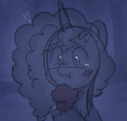 Size: 689x655 | Tagged: safe, anonymous artist, misty brightdawn, pony, unicorn, series:misty pov, g5, bruised, cornrows, crying, eating, female, floating heart, food, heart, jewelry, limited palette, mare, muffin, necklace, nose wrinkle, solo, tears of joy, unshorn fetlocks
