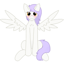 Size: 1500x1500 | Tagged: safe, artist:starfire dream, oc, oc only, oc:mockery, pegasus, pony, amber eyes, blushing, chest fluff, digital art, front view, looking at you, male, pegasus oc, purple hair, purple mane, purple tail, simple background, sitting, smiling, solo, spread wings, stallion, tail, transparent background, white fur, wingboner, wings