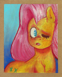 Size: 1987x2483 | Tagged: safe, artist:raph13th, fluttershy, pegasus, pony, g4, bust, female, high res, looking at you, mare, oil pastels, one eye closed, open mouth, passepartout, solo, three quarter view, traditional art, turned head, wingless