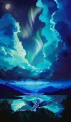 Size: 1500x2550 | Tagged: safe, artist:allegrenix, princess luna, alicorn, pony, g4, aurora borealis, cloud, ethereal mane, ethereal tail, female, lake, looking away, mare, moon, scenery, scenery porn, solo, spread wings, tail, wallpaper, water, wings
