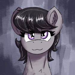 Size: 1592x1592 | Tagged: safe, artist:reddthebat, octavia melody, earth pony, pony, g4, :3, abstract background, alternate hairstyle, bust, ear fluff, female, lidded eyes, looking at you, mare, missing accessory, smiling, smiling at you, solo