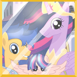 Size: 894x894 | Tagged: safe, artist:snowwind69, flash sentry, twilight sparkle, oc, alicorn, pegasus, pony, g4, the last problem, canterlot, crown, duo, female, jewelry, larger female, male, mare, offspring, older, older flash sentry, older flashlight, older twilight, older twilight sparkle (alicorn), parent:flash sentry, parent:twilight sparkle, parents:flashlight, princess twilight 2.0, regalia, ship:flashlight, shipping, size difference, smaller male, stallion, straight, twilight sparkle (alicorn)
