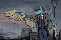 Size: 3696x2468 | Tagged: safe, artist:helmie-art, oc, oc only, oc:helmie, pegasus, anthro, aiming, barrel, clothes, coat, colored eartips, colored wings, cufflinks, ear fluff, feather, flat cap, gun, hand behind back, handgun, hat, high res, looking to the left, male, necktie, old timey, one wing out, peaky blinders, pegasus oc, pocket watch, revolver, solo, speech bubble, standing, streetlight, suit, two toned wings, weapon, wings