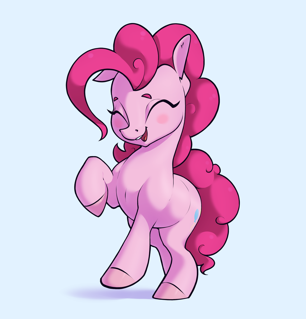 [blushing,earth pony,eyes closed,female,mare,open mouth,pinkie pie,pony,raised hoof,safe,simple background,solo,blue background,smiling,open smile,cyan background,artist:aquaticvibes]