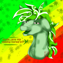 Size: 6000x6000 | Tagged: safe, artist:drawingkitty24, oc, oc:stoney poney, pony, 420, detailed mane, drugs, green eyes, green mane, high pony, marijuana, red eyes, simple background, solo, talking to viewer, weeds