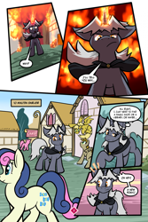 Size: 1567x2351 | Tagged: safe, artist:virmir, bon bon, sweetie drops, oc, oc:shifting sands, oc:virmare, oc:virmir, oc:whimsy daisy, earth pony, pegasus, pony, unicorn, comic:so you've become a pony villain, g4, burning, comic, dialogue, fire, glowing, glowing eyes, glowing horn, horn, implied pinkie pie, narration, pony oc, ponyville, speech bubble