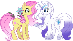 Size: 1280x720 | Tagged: artist needed, safe, fluttershy, rarity, pony, unicorn, g4, crown, duo, duo female, eye contact, eyebrows, eyeshadow, female, flower, flower in hair, g5 concept leak style, g5 concept leaks, jewelry, looking at each other, looking at someone, makeup, mare, open mouth, open smile, race swap, raised hoof, regalia, simple background, smiling, smiling at each other, unicorn fluttershy, white background