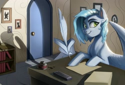Size: 2048x1389 | Tagged: safe, artist:maxiima, oc, oc only, pegasus, pony, bookshelf, ink, inkwell, paper, quill, solo, wing hands, wings