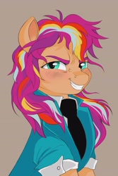 Size: 2344x3508 | Tagged: safe, artist:bearpone, sunny starscout, earth pony, pony, g5, alternate hairstyle, clothes, confident, female, grin, high res, looking at you, mane stripe sunny, mare, messy mane, multicolored hair, necktie, simple background, smiling, smiling at you, solo, suit, tan background