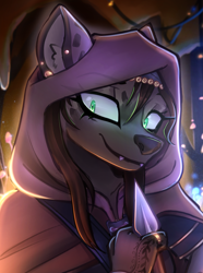 Size: 1803x2427 | Tagged: safe, artist:opal_radiance, oc, oc only, unnamed oc, hyena, equestria at war mod, clothes, eyebrows, high res, hood, hyena oc, smiling, solo