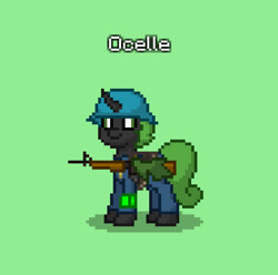 Size: 833x826 | Tagged: safe, oc, oc only, oc:ocelle, changeling, ashes town, fallout equestria, blockhouse security, changeling oc, green background, green changeling, in old geneva, security guard, security officer, simple background, solo
