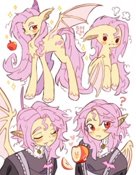 Size: 1536x1969 | Tagged: safe, artist:sharpycharot, fluttershy, bat pony, human, g4, apple, bat ponified, bat wings, beanbrows, blush lines, blush sticker, blushing, brooch, chest fluff, colored hooves, drool, elf ears, eyebrows, eyes closed, fangs, flutterbat, folded wings, food, frown, humanized, jewelry, looking at you, membranous wings, question mark, race swap, red eyes, simple background, slit pupils, solo, sparkles, spread wings, standing, unshorn fetlocks, white background, winged humanization, wings