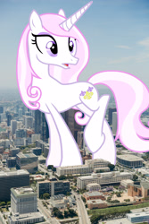Size: 1920x2880 | Tagged: safe, anonymous editor, artist:missgoldendragon, edit, fleur-de-lis, pony, unicorn, g4, california, female, giant pony, giant unicorn, giantess, high res, highrise ponies, irl, looking at you, los angeles, macro, mare, mega giant, open mouth, photo, ponies in real life, raised hoof, solo
