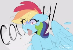 Size: 2048x1393 | Tagged: safe, artist:darkdoubloon, part of a set, rainbow dash, pegasus, pony, g4, blunt, coughing, drugs, female, joint, mare, marijuana, open mouth, rainbow dumb, simple background, solo, tongue out, white background