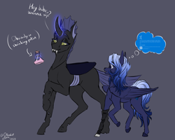 Size: 5000x4000 | Tagged: safe, artist:stardustspix, oc, oc:anaxxa, oc:kyanite arc, changeling, pegasus, pony, absurd resolution, amputee, blue changeling, blue coat, blue eyes, blue mane, blue screen of death, colored eyebrows, colored eyelashes, dialogue, duo, eyeshadow, fangs, female, gradient mane, larger female, levitation, lidded eyes, magic, magic aura, makeup, male, open mouth, potion, prosthetic leg, prosthetic limb, prosthetics, simple background, size difference, smaller male, smiling, stallion, telekinesis, thought bubble, wings, yellow eyes