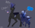 Size: 5000x4000 | Tagged: safe, artist:stardustspix, oc, oc:anaxxa, oc:kyanite arc, changeling, pegasus, pony, absurd resolution, amputee, blue changeling, blue coat, blue eyes, blue mane, blue screen of death, colored eyebrows, colored eyelashes, dialogue, duo, eyeshadow, fangs, female, gradient mane, larger female, levitation, lidded eyes, magic, magic aura, makeup, male, open mouth, potion, prosthetic leg, prosthetic limb, prosthetics, simple background, size difference, smaller male, smiling, stallion, telekinesis, thought bubble, wings, yellow eyes