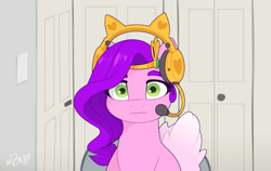 Size: 2447x1546 | Tagged: safe, artist:rivin177, pipp petals, pegasus, pony, g5, bust, chair, female, front view, headphones, linus tech tips, looking at you, mare, meme, microphone, neutral, room, sitting, solo, staring at you, staring into your soul, wings