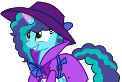 Size: 987x662 | Tagged: safe, artist:loladreamteam, artist:princesslilybrush, misty brightdawn, pony, unicorn, g4, g5, my little pony: make your mark, base used, clothes, coat, detective, detective misty, fedora, female, g5 to g4, generation leap, hat, mare, simple background, solo, transparent background, trenchcoat