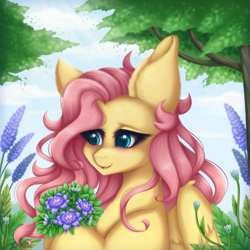 Size: 2000x2000 | Tagged: safe, artist:saltyvity, fluttershy, pegasus, pony, g4, big eyes, blushing, complex background, cute, ear fluff, embarrassed, flower, fluffy, forest, forest background, grass, green eyes, happy, high res, leaf, pink mane, shyabetes, sky, solo, sparkles, summer, sun, tree