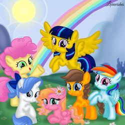Size: 1400x1400 | Tagged: safe, artist:mlplary6, li'l cheese, oc, oc:apple sweet, oc:jewel, oc:melody blossom, oc:speedy dash, oc:star sparkle, earth pony, pegasus, pony, unicorn, g4, the last problem, alicorn wings, bow, cloud, female, filly, flower, flower in hair, flying, foal, friends, hair bow, looking at you, lying down, mountain, offspring, parent:applejack, parent:big macintosh, parent:caramel, parent:fancypants, parent:flash sentry, parent:fluttershy, parent:rainbow dash, parent:rarity, parent:soarin', parent:twilight sparkle, parents:carajack, parents:flashlight, parents:fluttermac, parents:raripants, parents:soarindash, rainbow, sitting, sky, smiling, smiling at you, sun, wings