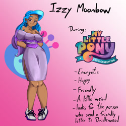 Size: 1080x1080 | Tagged: safe, artist:jackudoggy, izzy moonbow, human, g5, my little pony: a new generation, breasts, busty izzy moonbow, clothes, dark skin, dress, female, gradient background, headcanon, humanized, solo, sports shoes