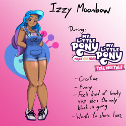 Size: 1080x1080 | Tagged: safe, alternate version, artist:jackudoggy, izzy moonbow, human, g5, my little pony: make your mark, my little pony: tell your tale, breasts, busty izzy moonbow, clothes, dark skin, female, gradient background, headcanon, humanized, overall shorts, overalls, solo, sports shoes