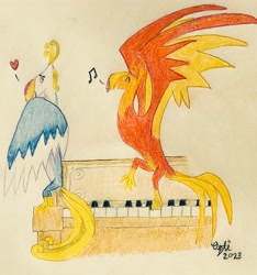 Size: 2873x3067 | Tagged: safe, artist:opti, oc, oc:guiding light, phoenix, cute, heart, high res, musical instrument, piano, singing, species swap, traditional art