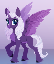Size: 3000x3570 | Tagged: safe, artist:belka-sempai, opaline arcana, alicorn, pony, g5, spoiler:g5, aside glance, blaze (coat marking), chest fluff, coat markings, colored hooves, colored wings, curved horn, cute, elbow fluff, eyebrows, facial markings, female, gradient background, high res, horn, looking at you, mare, multicolored wings, opalinebetes, pale belly, raised hoof, redesign, smiling, smiling at you, solo, spread wings, standing, three quarter view, unshorn fetlocks, wings
