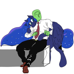 Size: 3508x3508 | Tagged: safe, artist:ponny, princess luna, oc, oc:anon, alicorn, human, pony, g4, button-up shirt, clothes, cuddling, cute, dress shirt, female, high res, hug, hug from behind, human on pony snuggling, red shoes, shirt, simple background, snuggling, white background