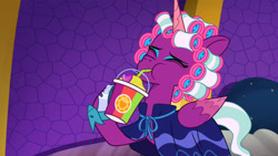 Size: 3072x1727 | Tagged: safe, screencap, opaline arcana, alicorn, pony, g5, my little pony: tell your tale, opaline alone, spoiler:g5, spoiler:my little pony: tell your tale, spoiler:tyts01e50, drink, drinking, eyes closed, female, hair curlers, mare, smoothie, solo