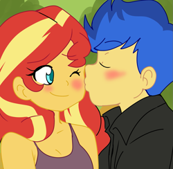 Size: 1049x1024 | Tagged: safe, artist:studiodraw, color edit, edit, flash sentry, sunset shimmer, human, equestria girls, g4, blushing, cheek kiss, colored, duo, eye color change, eyes closed, female, kissing, male, one eye closed, ship:flashimmer, shipping, smiling, straight
