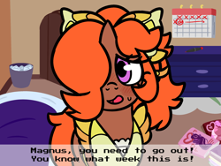 Size: 2508x1884 | Tagged: safe, artist:moonseeker, oc, oc only, oc:lily cureheart, pony, unicorn, banned from equestria daily, april fools, bedroom, blushing, calendar, door, dresser, fake screenshot, female, futon, hair over one eye, horn, implied estrus, magazine, mare, pen, ponytail, ribbon, solo, style emulation, sweat, trash can, unicorn oc