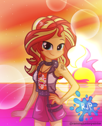 Size: 2015x2490 | Tagged: safe, artist:rjp.rammy, sunset shimmer, human, equestria girls, g4, my little pony equestria girls: better together, bare shoulders, blushing, breasts, busty sunset shimmer, cleavage, clothes, cutie mark on clothes, female, geode of empathy, hand on hip, high res, jewelry, looking at you, magical geodes, necklace, signature, sleeveless, smiling, smiling at you, solo, sunset, tattoo, vest