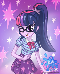 Size: 2015x2490 | Tagged: safe, artist:rjp.rammy, sci-twi, twilight sparkle, human, equestria girls, g4, my little pony equestria girls: better together, bowtie, breasts, cute, cutie mark, female, glasses, high res, looking at you, one eye closed, open mouth, open smile, ponytail, sci-twiabetes, signature, smiling, smiling at you, solo, twiabetes, wink, winking at you