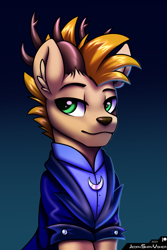 Size: 2000x3000 | Tagged: safe, artist:jedayskayvoker, oc, oc:laurits rutger, deer, antlers, bust, clothes, cute, deer oc, ear fluff, eyebrows, gradient background, high res, icon, male, non-pony oc, patreon, patreon reward, portrait, raised eyebrow, smiling, solo