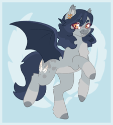 Size: 1350x1500 | Tagged: safe, artist:nyrillen, oc, oc only, bat pony, pony, pony town, bat pony oc, blue background, blue mane, body markings, ear piercing, facial markings, fangs, female, mare, piercing, pony oc, simple background, solo, spread wings, wings